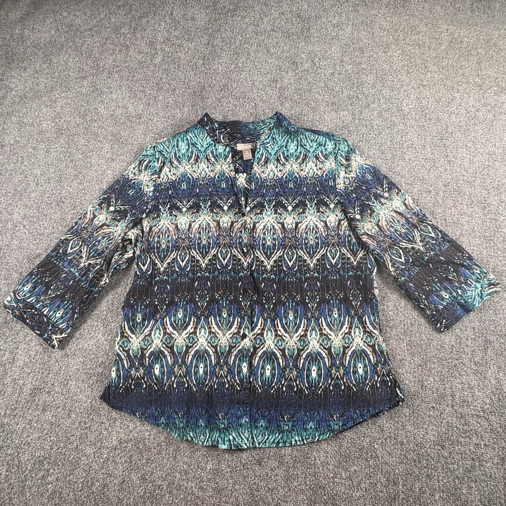 Chico's‎ Blouse Women's 2 Blue Abstract Boho Artsy Career Coastal Office Resort